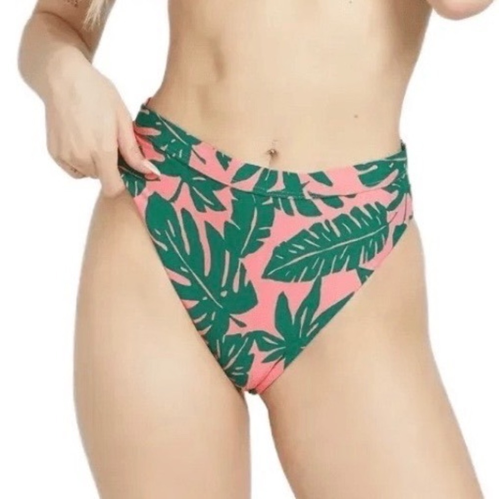 NWT Volcom CHEEKY Bikini Bottom Pink Green Leaf Ur Life High Waist Medium